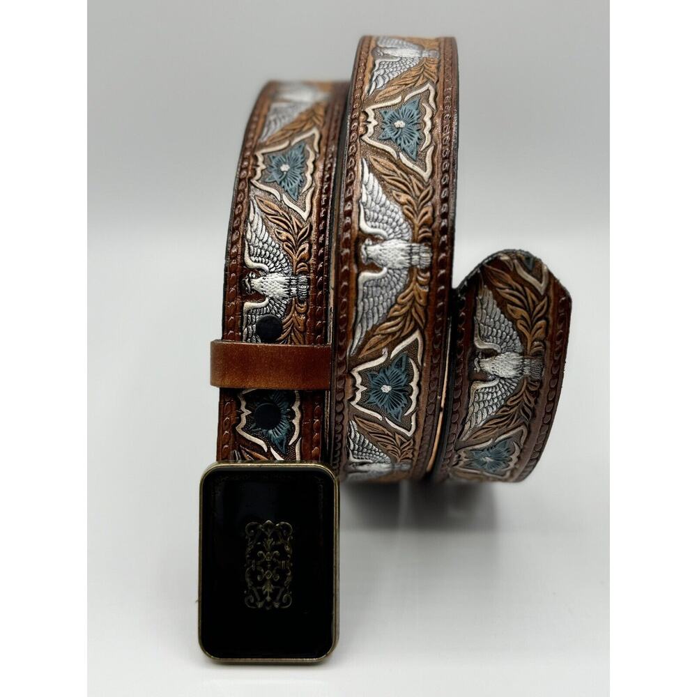Allison Daniel Designs Brown Leather Eagle Silver Blue Embossed Belt Sz 36